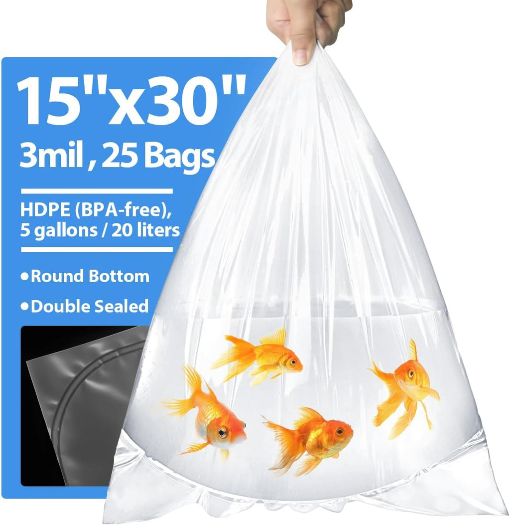 Fish Shipping Bags for Live Fish, 15x30” Round Bottom Double Seal Clear Leak-Proof Live Fishes Transport Bags Koi Transport Bag, Betta Shipping Fishery Bag (Ultimate 3 mil, 25 Pack)
