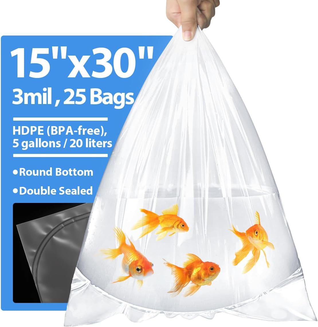 Fish Shipping Bags for Live Fish, 15x30” Round Bottom Double Seal Clear Leak-Proof Live Fishes Transport Bags Koi Transport Bag, Betta Shipping Fishery Bag (Ultimate 3 mil, 25 Pack)