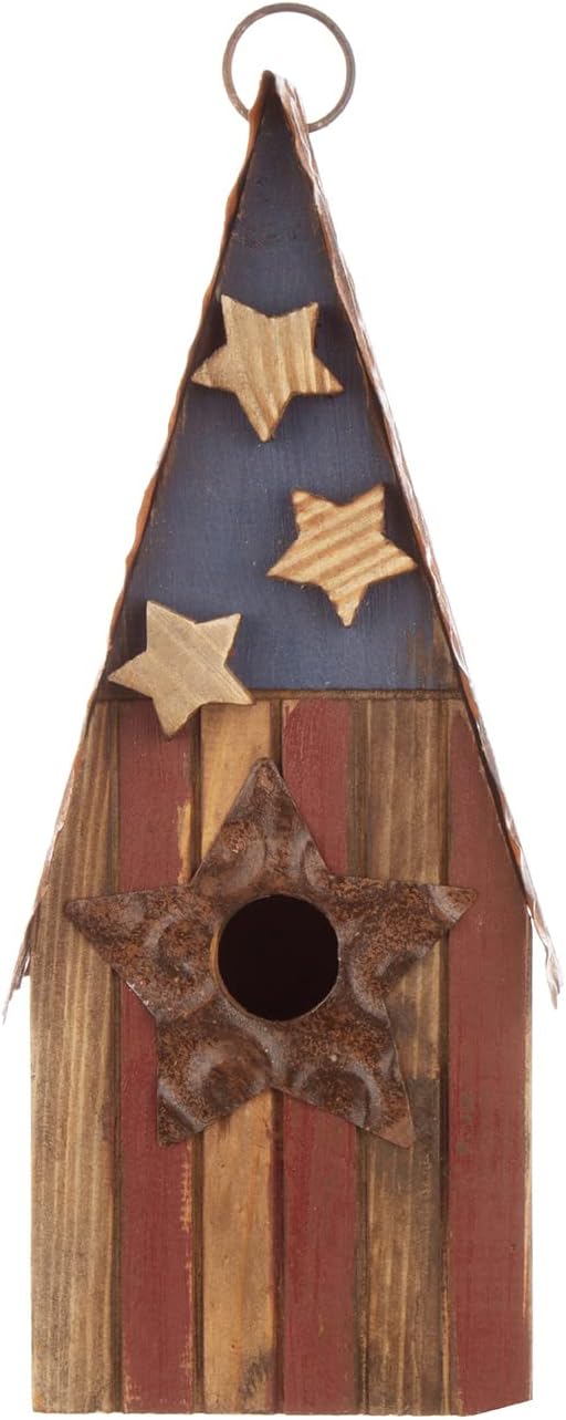 Glitzhome Wooden Hanging Patriotic USA Distressed Garden Bird House for Outdoors 12.5" H