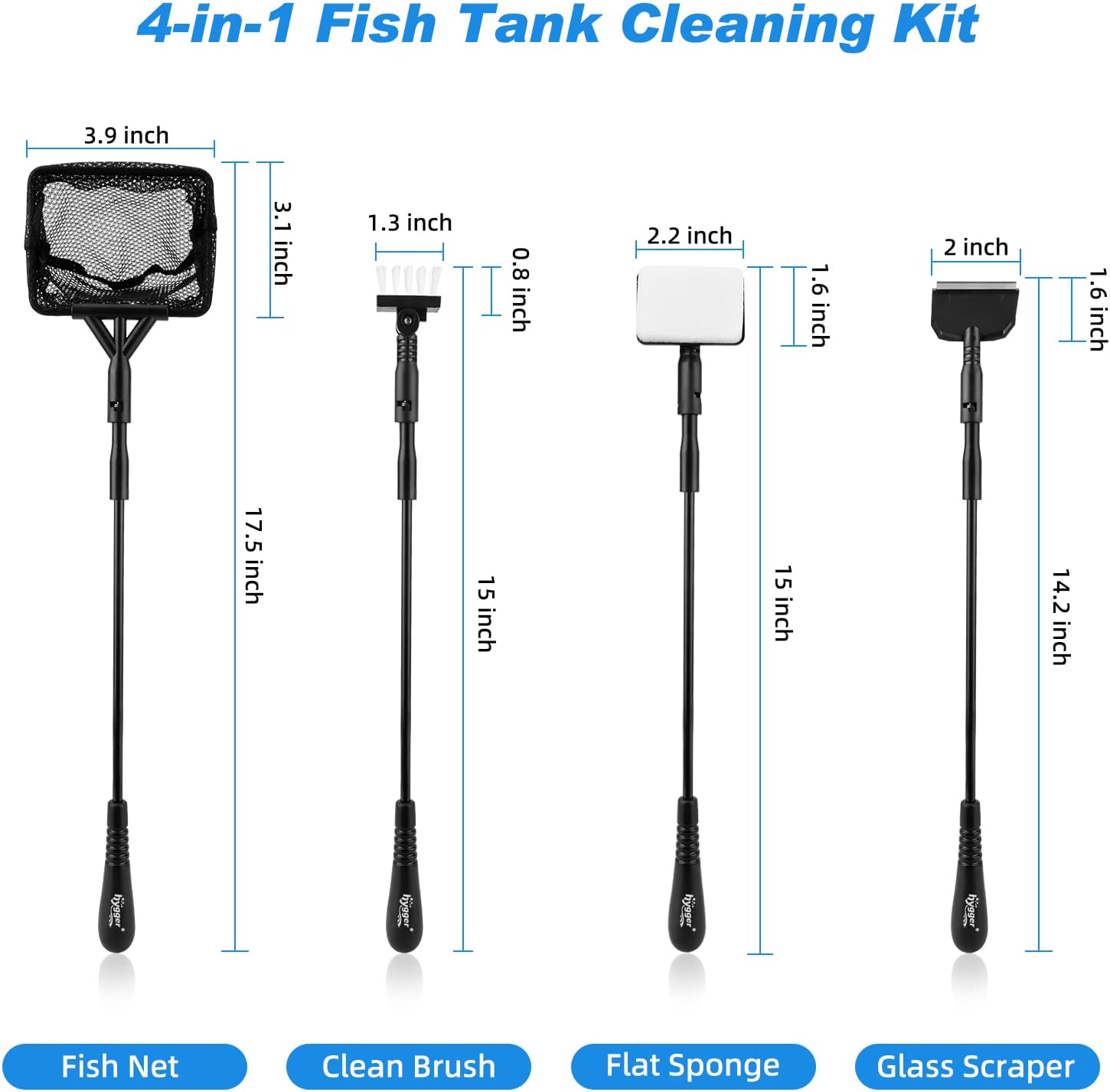 hygger Small Fish Tank Cleaner, Aquarium Cleaning Tools Kit with Handle, Seaweed Scraper, Fishing Net, Sponge Brush,Wall Brush (M)