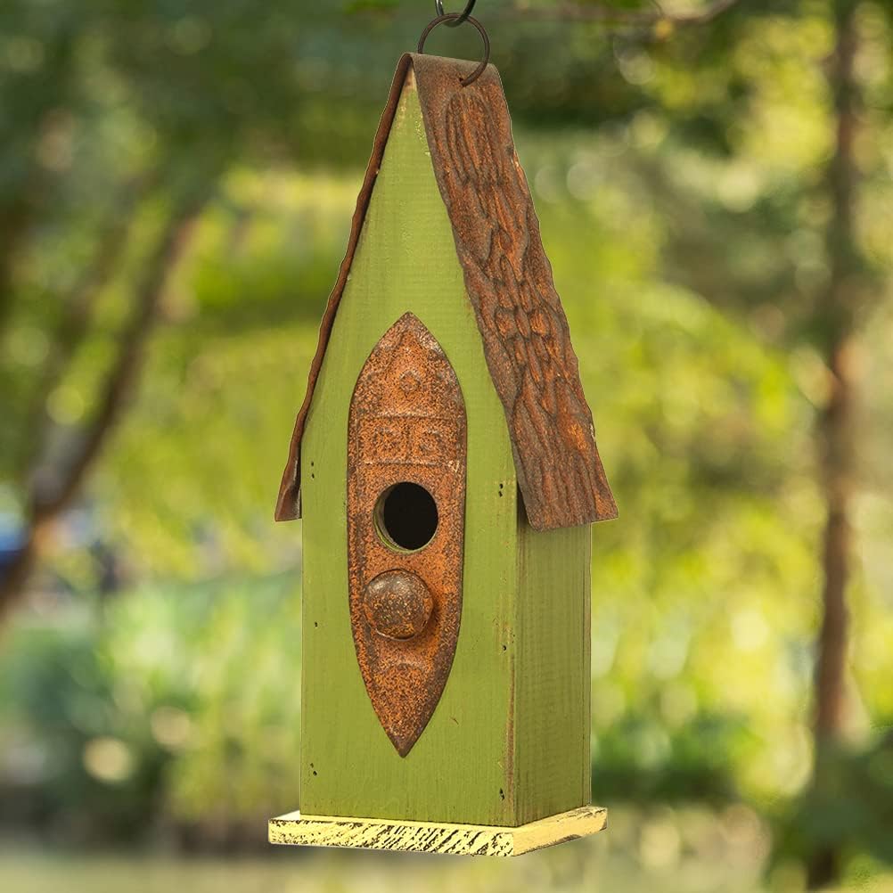 Glitzhome Distressed Green Solid Wood Birdhouse Hand Painted Hanging Bird House for Outdoors 13.25" H