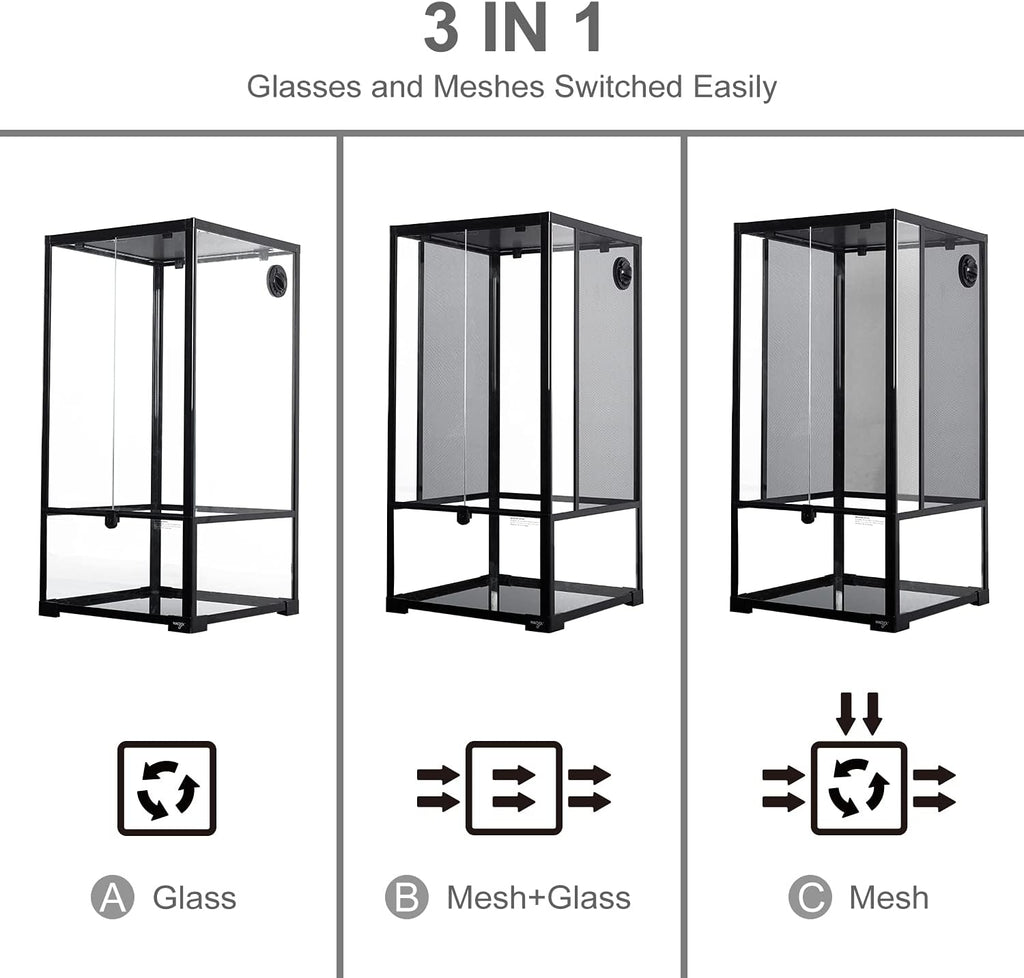 WACOOL 50 Gallon Reptile Tank, Front Opening Chameleon Cage 18" x 18"x 36", 3-in-1 Side Design (Glass or Mesh+Glass), Bio Deep Base 10" Vertical Reptile Cage for Frog Iguana