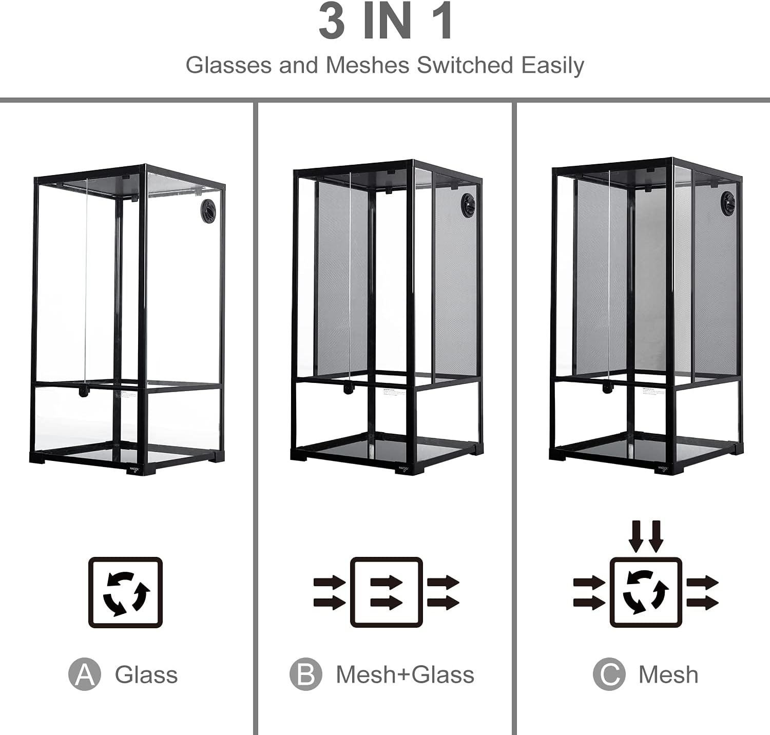 WACOOL 50 Gallon Reptile Tank, Front Opening Chameleon Cage 18" x 18"x 36", 3-in-1 Side Design (Glass or Mesh+Glass), Bio Deep Base 10" Vertical Reptile Cage for Frog Iguana