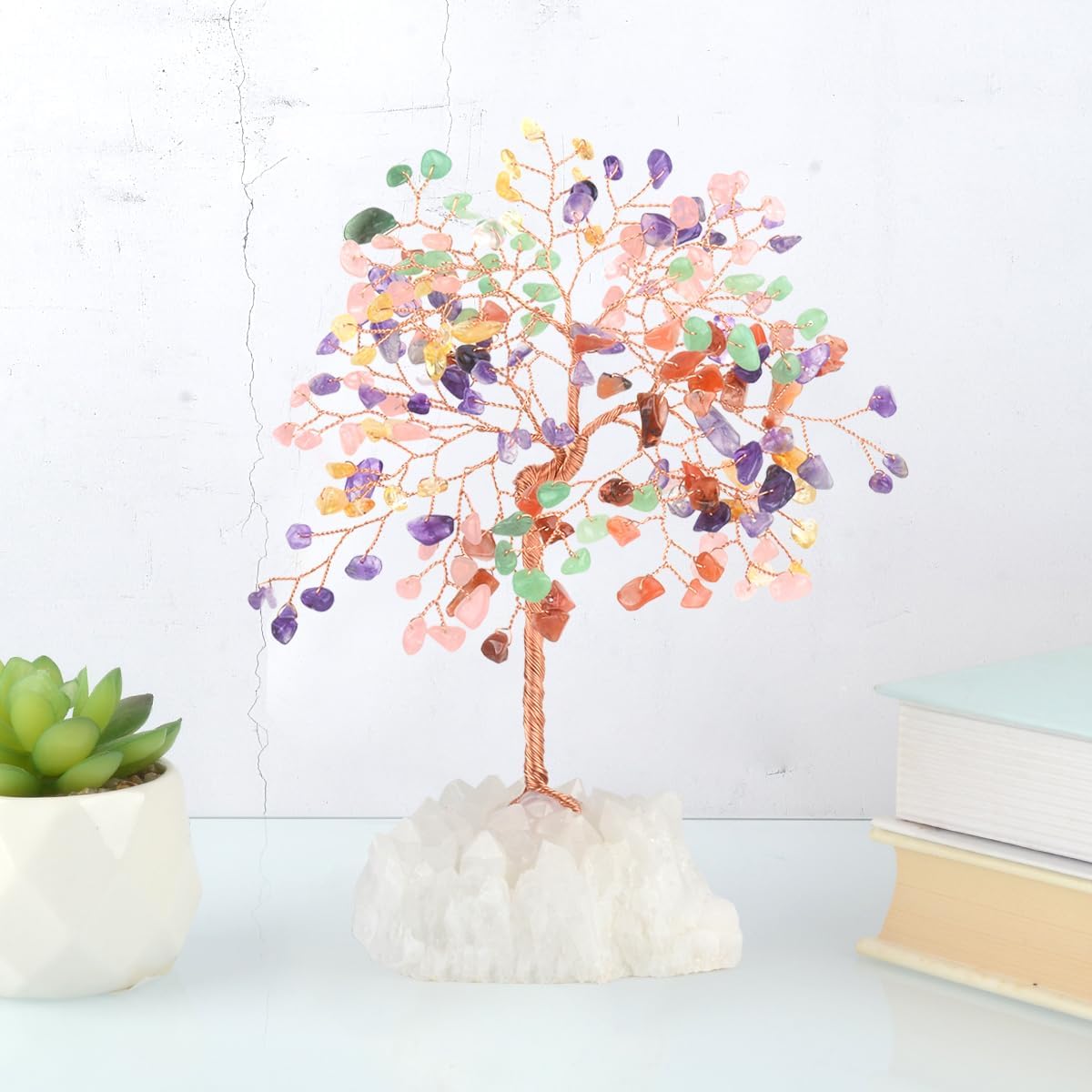 Gemstone Crystal Tree of Life,Quartz Cluster Base,Bonsai Money Tree Feng Shui Decor,Chakra Healing Crystals Positive Enegy-Good Luck Gift 5.5-6.3 Inches