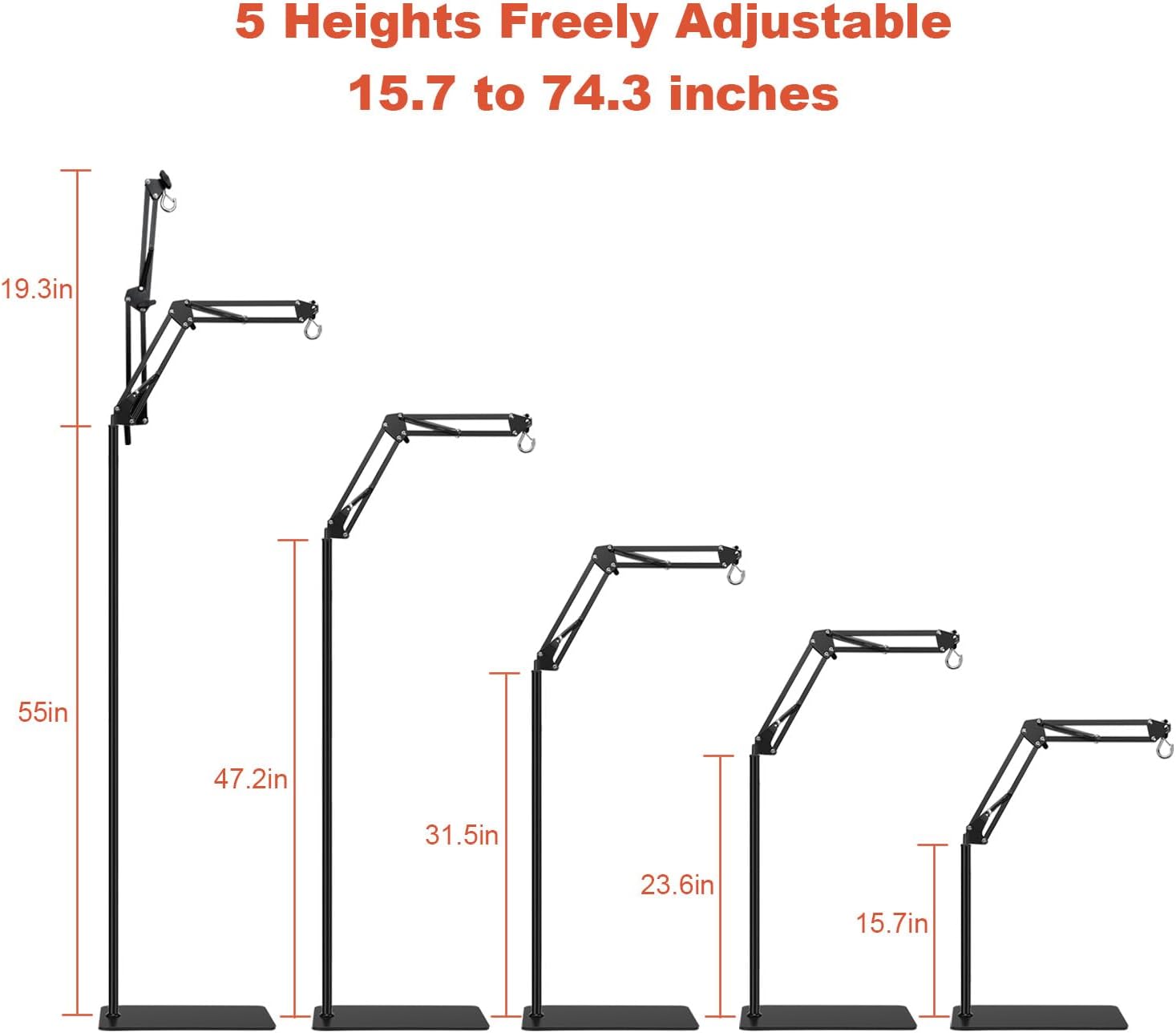 Reptile Lamp Stand, Adjustable 15.7 to 74.3 in Heat Lamp Metal Bracket Floor Light Holder for Lizards Bearded Dragons Chicks Terrarium Tank