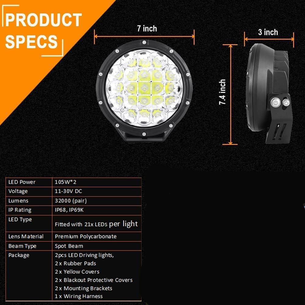 BIGLIONX Round LED Offroad Lights 7inch 2pcs 210W 32000LM LED Off Road Light Super Bright Amber Offroad Lights Driving Light Spot Light Bar with Wiring Harness IP68 for Trucks Pickup ATV UTV SUV