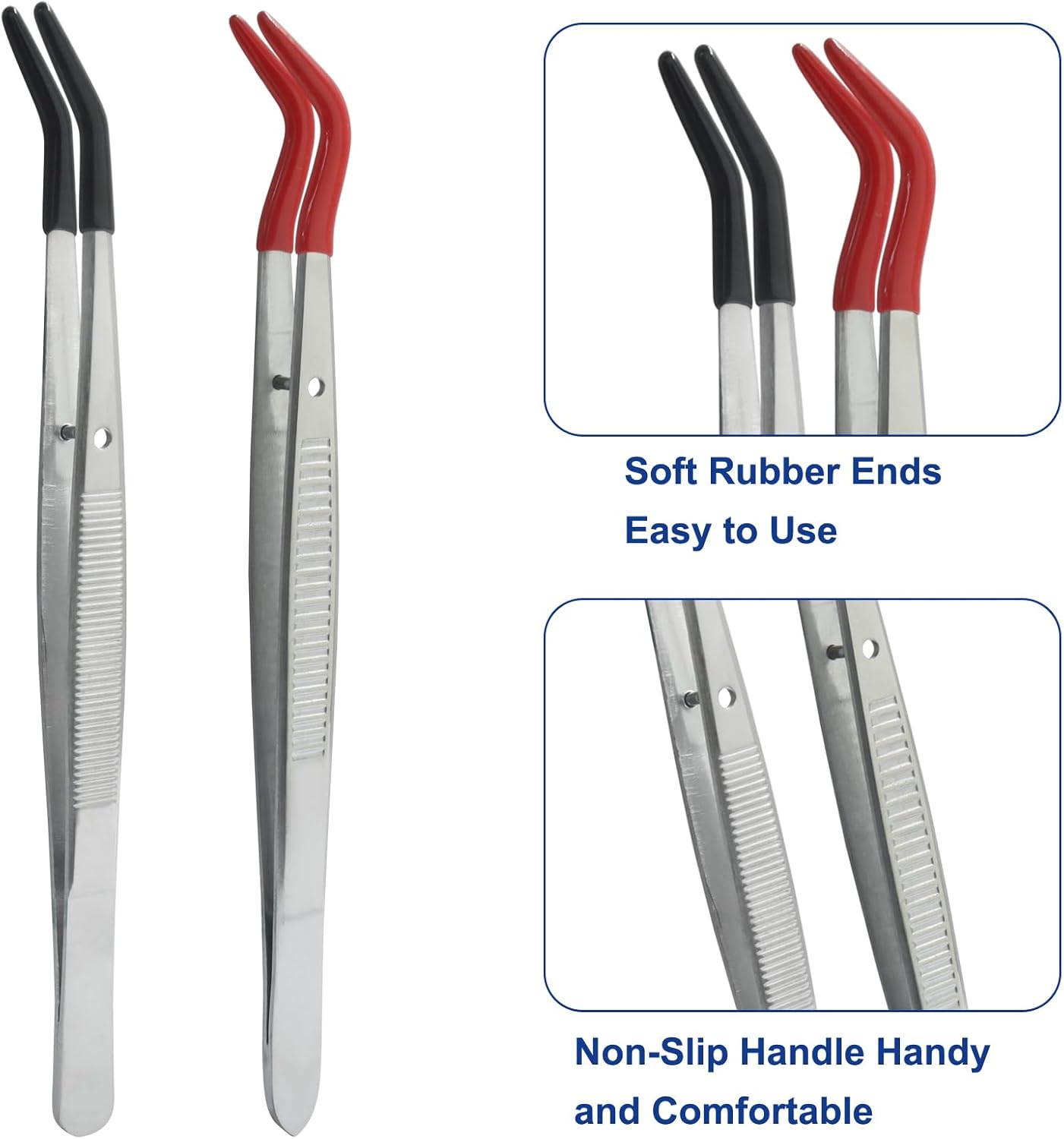 2 Pack Curved Tweezers, Silicone Rubber Bent Tip PVC Coated Soft Tip Tweezers, Non Marring Stainless Steel Tools for Jewelry Crafts/Electronics