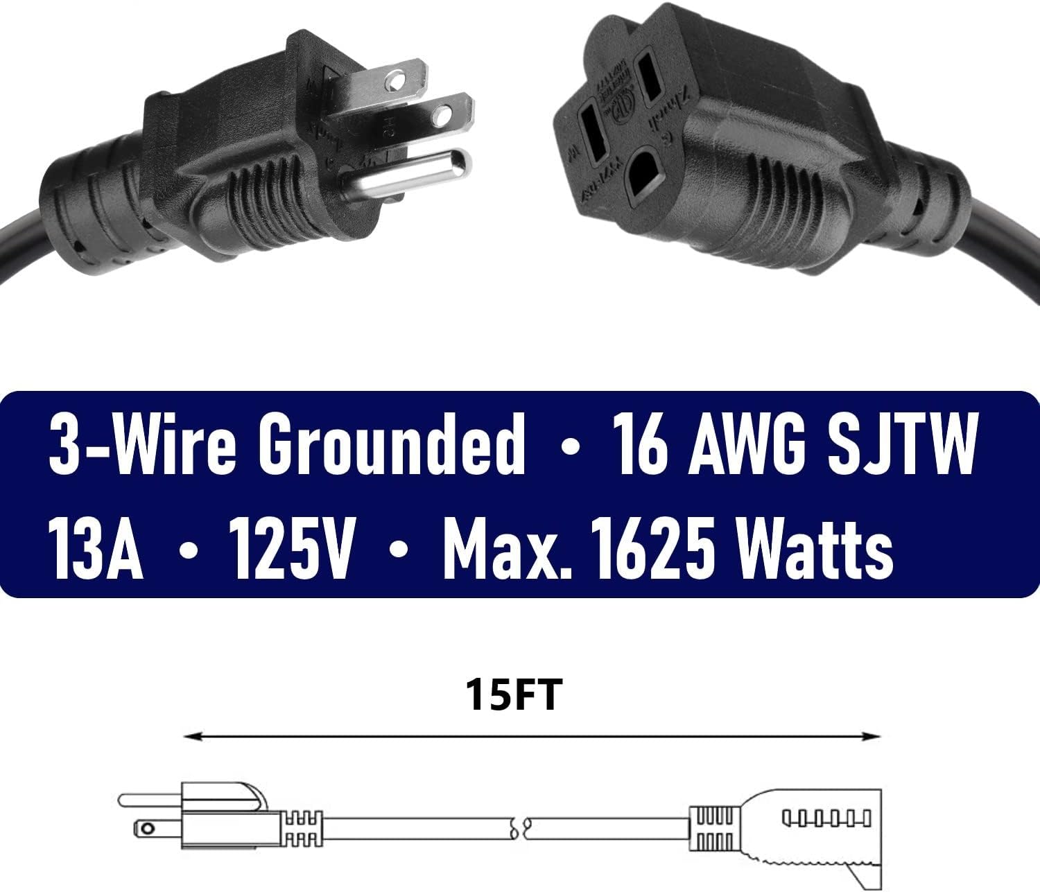2-Pack 15ft Extension Cord 16 SJTW AWG Heavy Duty 3 Prong Power Cord