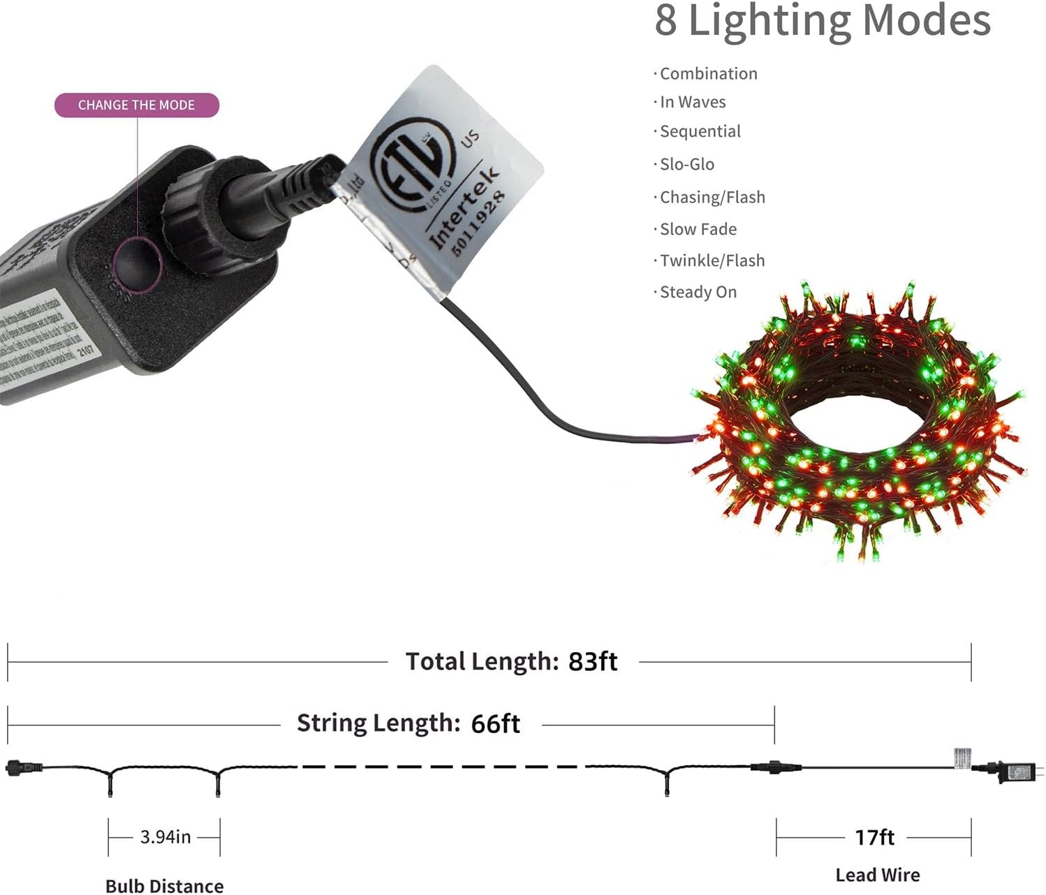 HOME LIGHTING 66ft Christmas Decorative Mini Lights, 200 LED Green Wire Fairy Starry String Lights Plug in, 8 Lighting Modes, for Indoor Outdoor Xmas Tree Wedding Party Decoration (Red & Green)