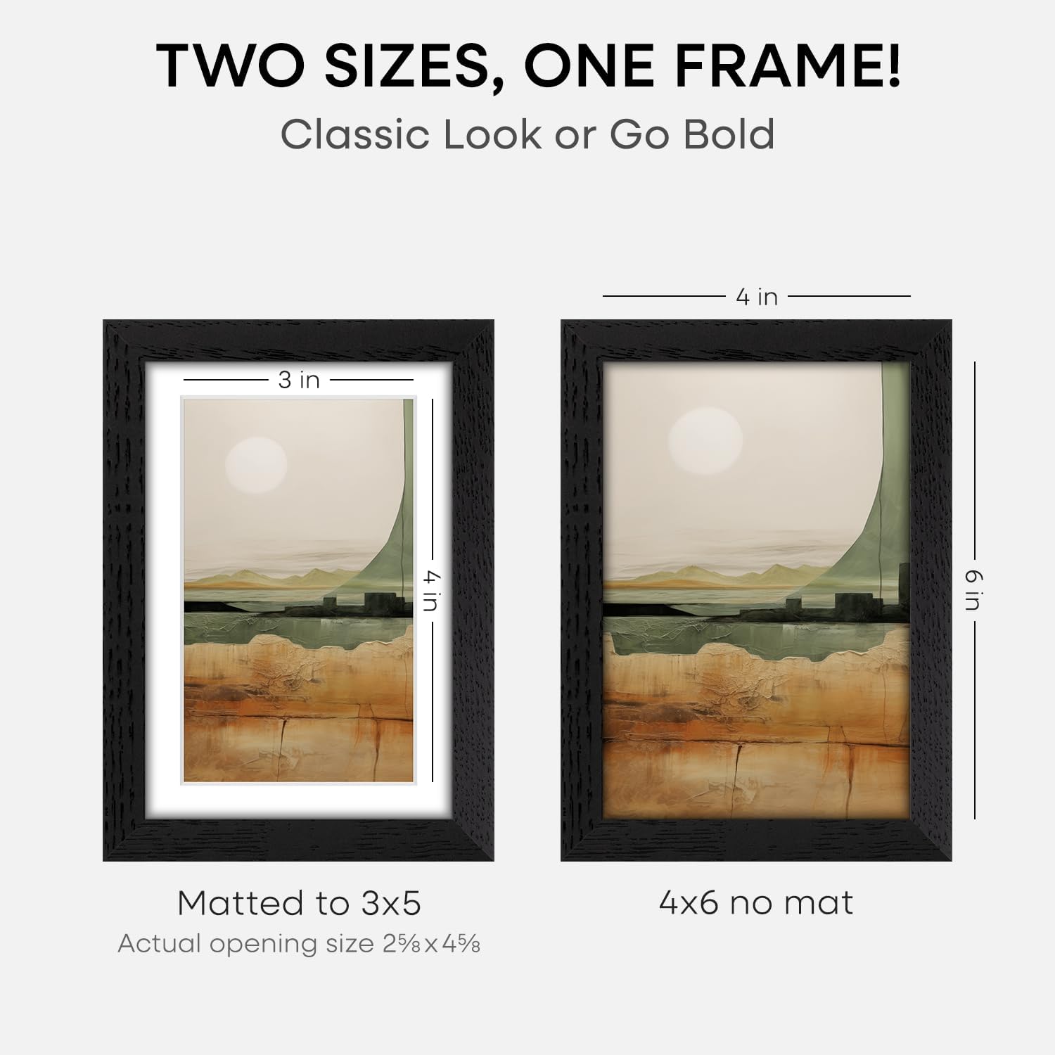 Homeforia 4x6 Picture Frame Black Wood, High End Oak 4by6 Black Wooden Frames with Mat 3x5 Print, 4 x 6 Frame Matted to 3 x 5 inch Photo, 6x4 Wall or Tabletop Frame, Tempered Glass, Wall Kit, Set of 2