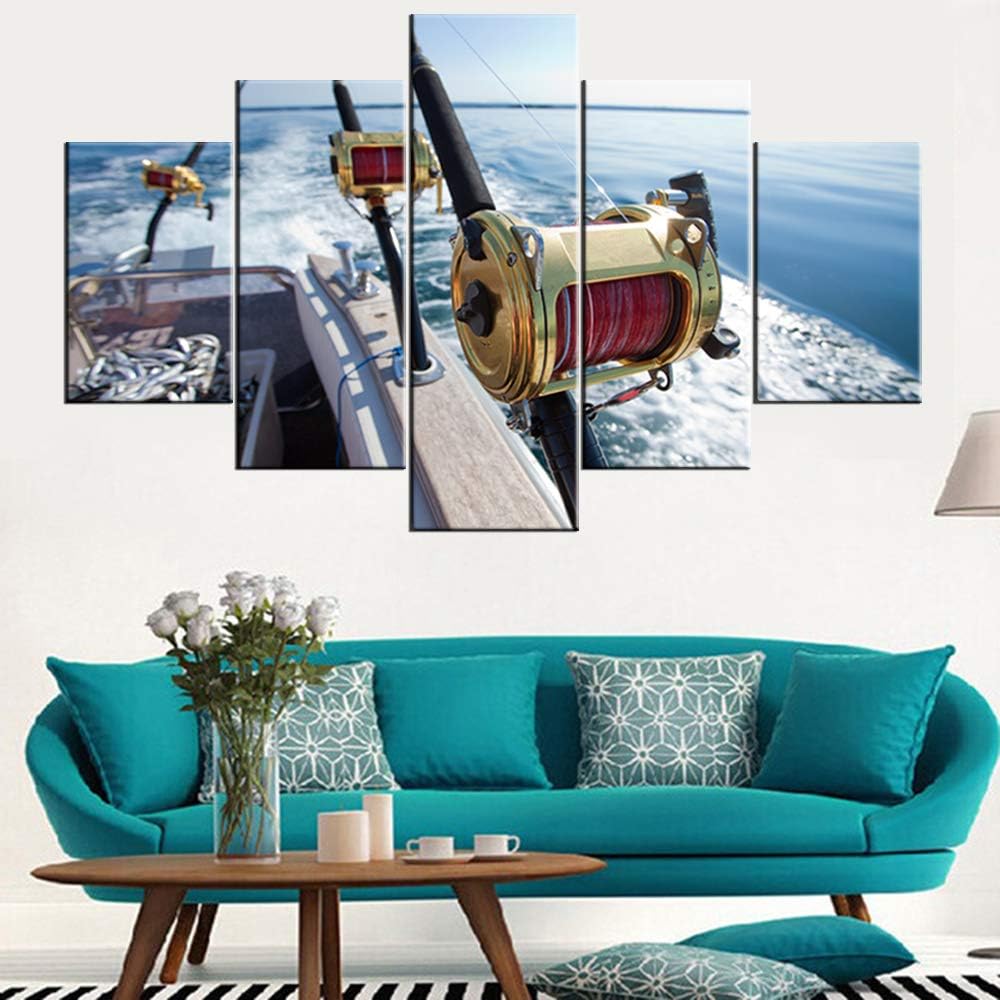 Wall Pictures for Living Room Fishing Reels Paintings Blue Ocean Scenery Artwork Multi Panel Prints Wall Art on Canvas Giclee Modern Home Decor Wooden Framed Stretched Ready to Hang(60''Wx32''H)