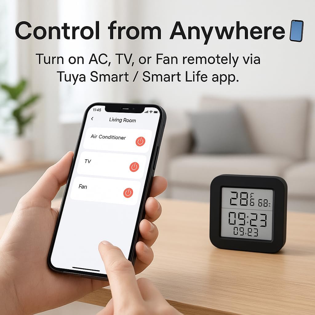 Smart WiFi IR Remote Controller with Temperature & Humidity Sensor – 3-in-1 Universal IR Hub for AC, TV, Fan, Compatible with Alexa & Google Assistant