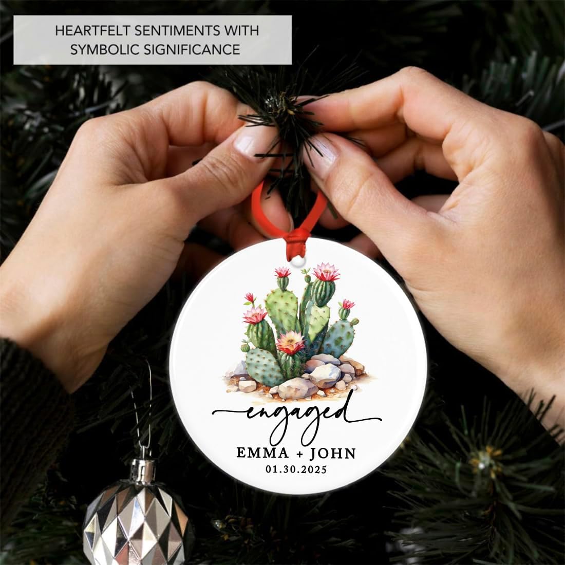 Andaz Press 2.8" Ceramic Porcelain Personalized Christmas Cactus Ornament, Engaged Flowering Cactus, Custom Cactus Christmas Ornaments, Succulent Ornament Cactus Decor, Engagement Gift for Couples