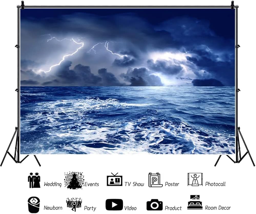 Renaiss Stormy Sea Backdrop for Photoshoot Adults Kids Portrait Dazzling Lightning Ocean Night Caribbean Sea Photography Background Birthday Nautical Pirate Themed Party Decor 15x10ft Photo Booth Prop