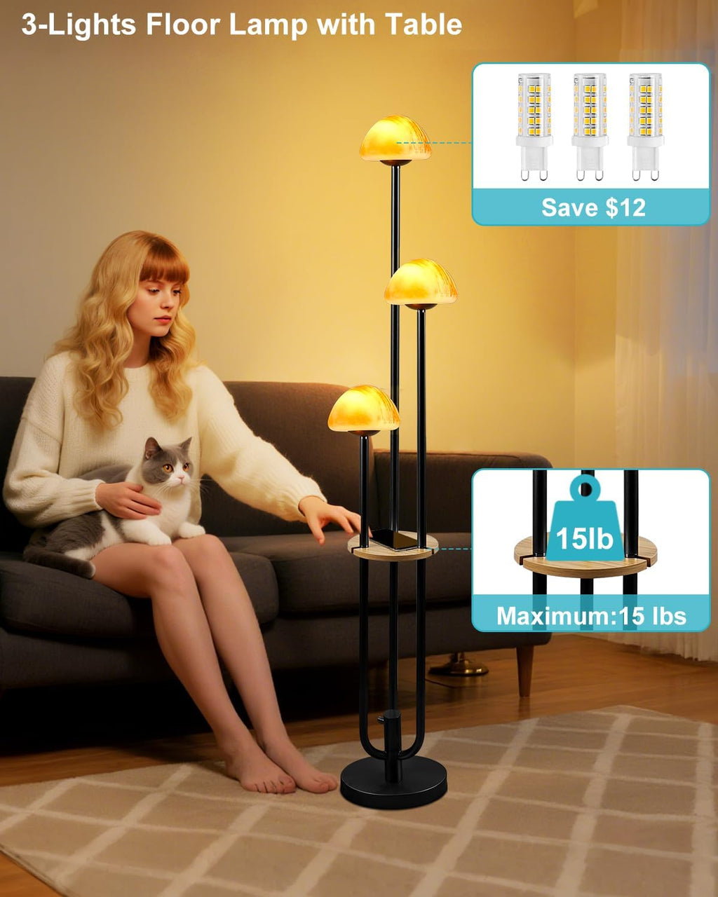 Lightdot Black Dimmable Floor Lamp with Table, Modern Floor Lamps for Living Room, 3000K Warm Lights Tall Standing Lamp with Mushroom Shades & Bulbs for Bedroom/Office