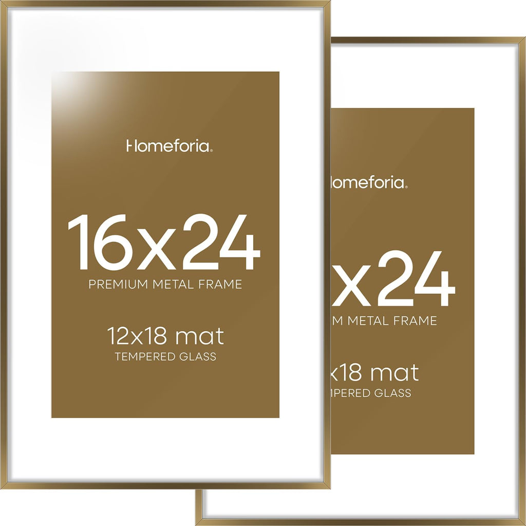 Homeforia 16 x 24 Bronze Frame, High End Metal 16x24 Brass Picture Frames with Mat 12x18 Photo, 16 x 24 Poster Frames Matted to 12 by 18 Print, 24x16 Hanging Frames, Tempered Glass, Wall Kit, Set of 2