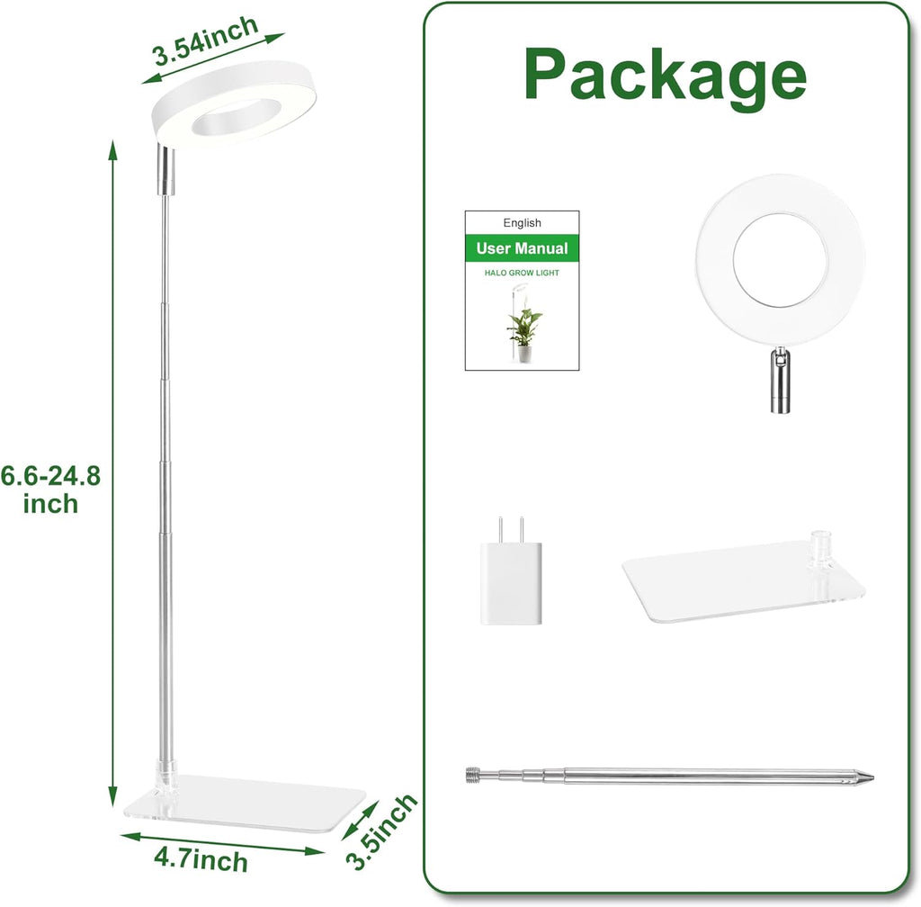 White Grow Lights for Indoor Plants Full Spectrum, 48 LEDs Plant Light for Indoor Plants, Height Adjustable, Small Halo Growing Lamp with Base, Auto Timer 3/9/12H, 3 Light Spectrums,10 Brightness