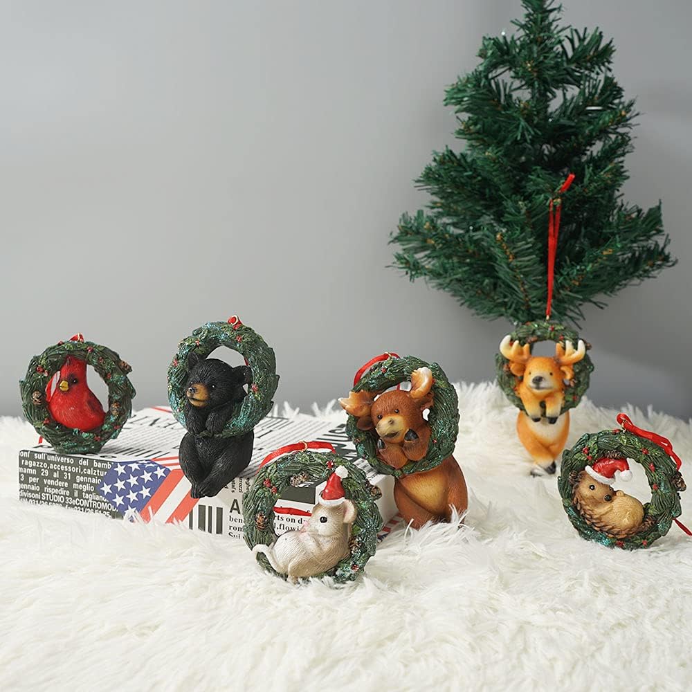 Christmas Small Animal Wreath Swing Ornament Hanging Decor for Xmas Tree Home Office Room Decoration with String (New, Pack of 6)