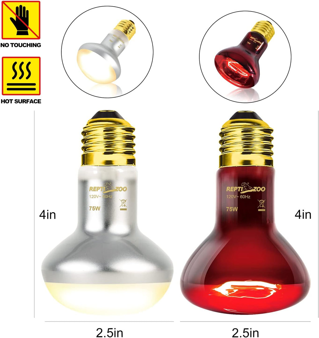 REPTI ZOO 75W Reptile Heat Lamp Bulb, 2PCS Day & Night Basking Spot Light Combo Pack Includes Infrared Heat Lamp and UVA Daylight Heating Lamp Basking Light