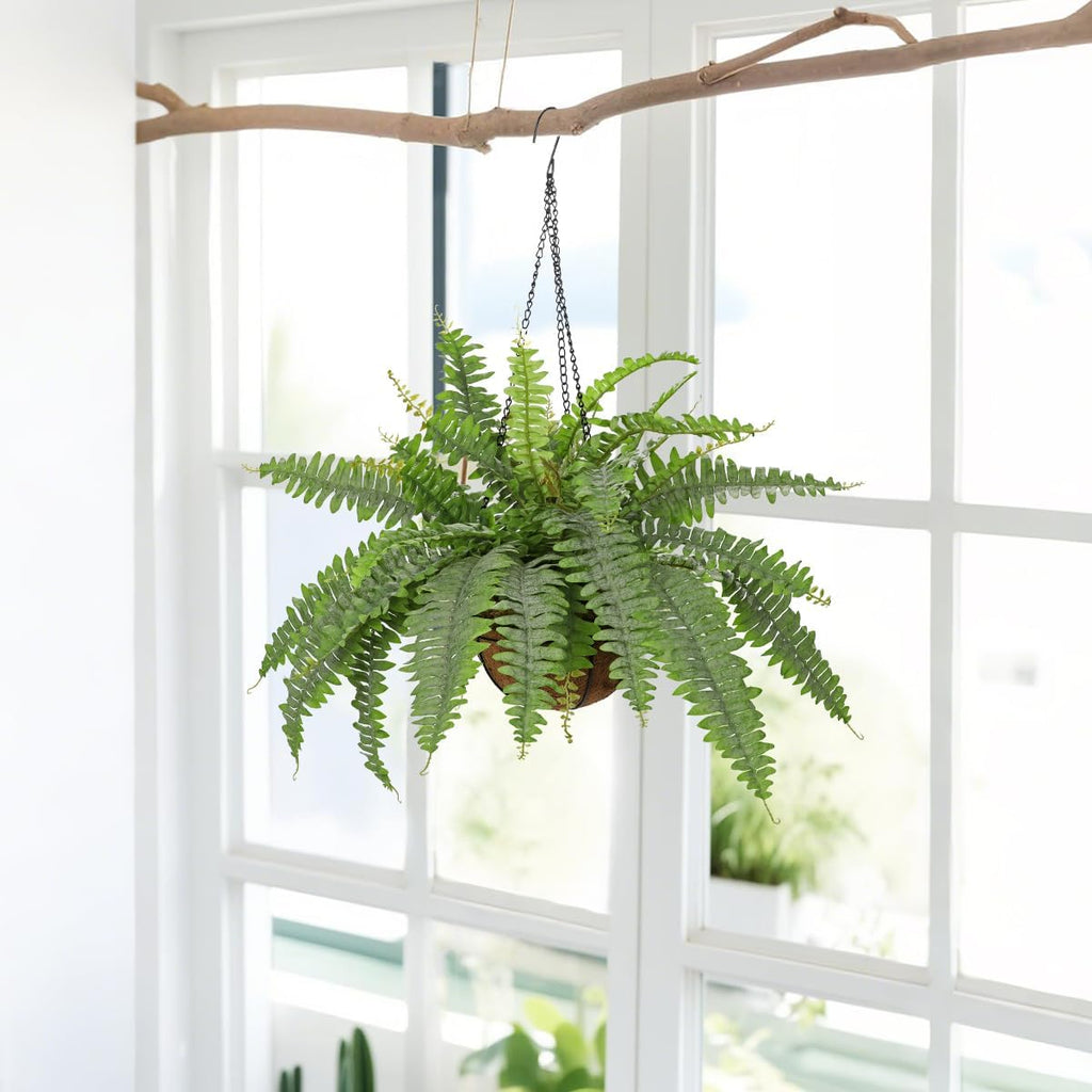 Fake Hanging Plants Large Boston Fern Artificial Plants Outdoor Realistic Fake Ferns with Palm Basket Silk Plants Ferns Hanging Plant Artificial Decor for Home Front Porch Window Garden - Dusty Green