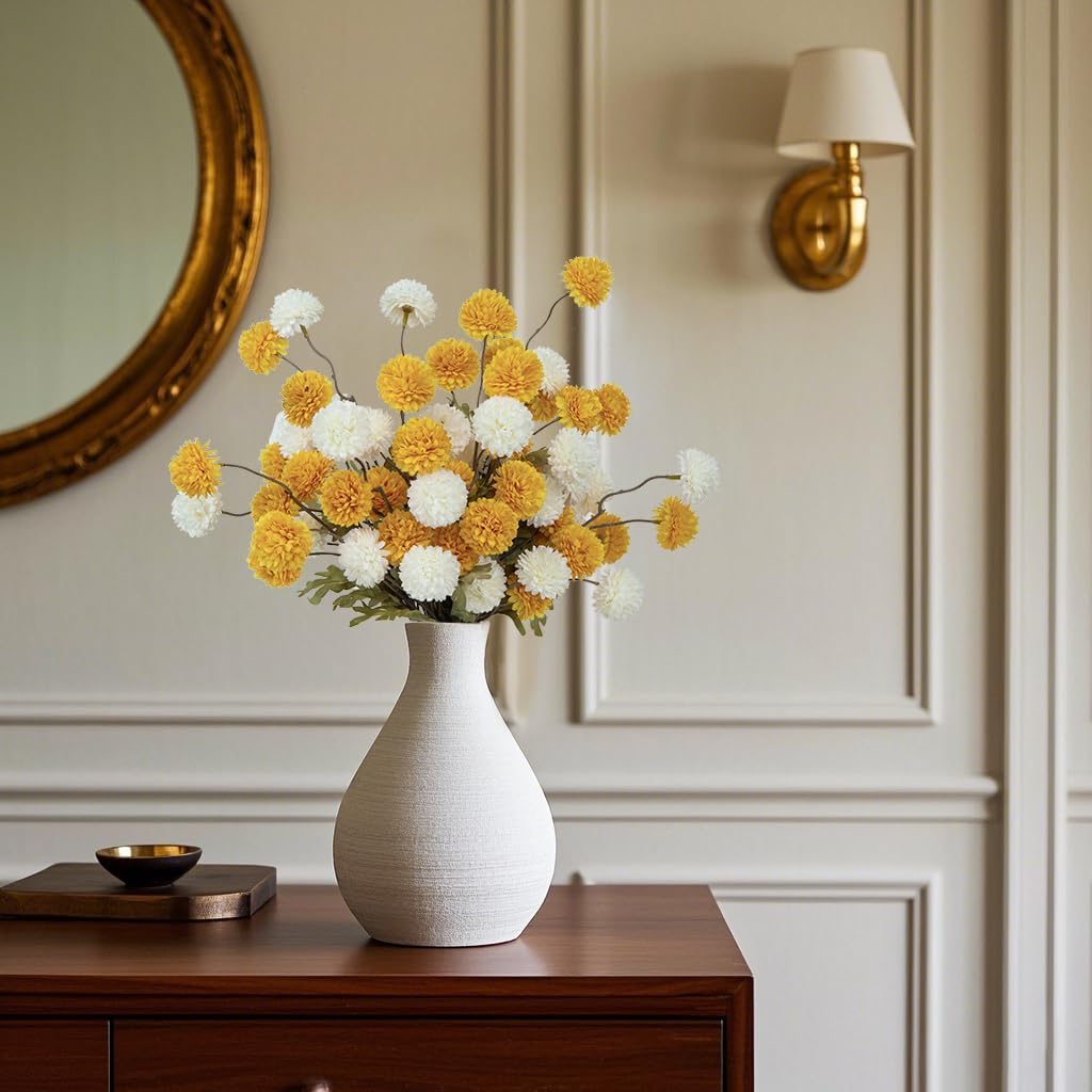DuHouse 6pcs Artificial Flowers Faux Silk Pompon Mum,Silk Small Mini Chrysanthemum Ball with Stems for DIY Wedding Bouquets Centerpieces Vase Home Table Kitchen Decorations