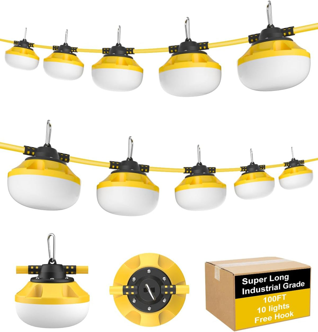 100FT LED Construction String Lights 10 Bulbs,10000LM,Industrial Grade,Weatherproof, Linkable 5000K Super Bright for Job Sites, Mining, Patios & Outdoor Work,Free for Climbing Hook 2Prong