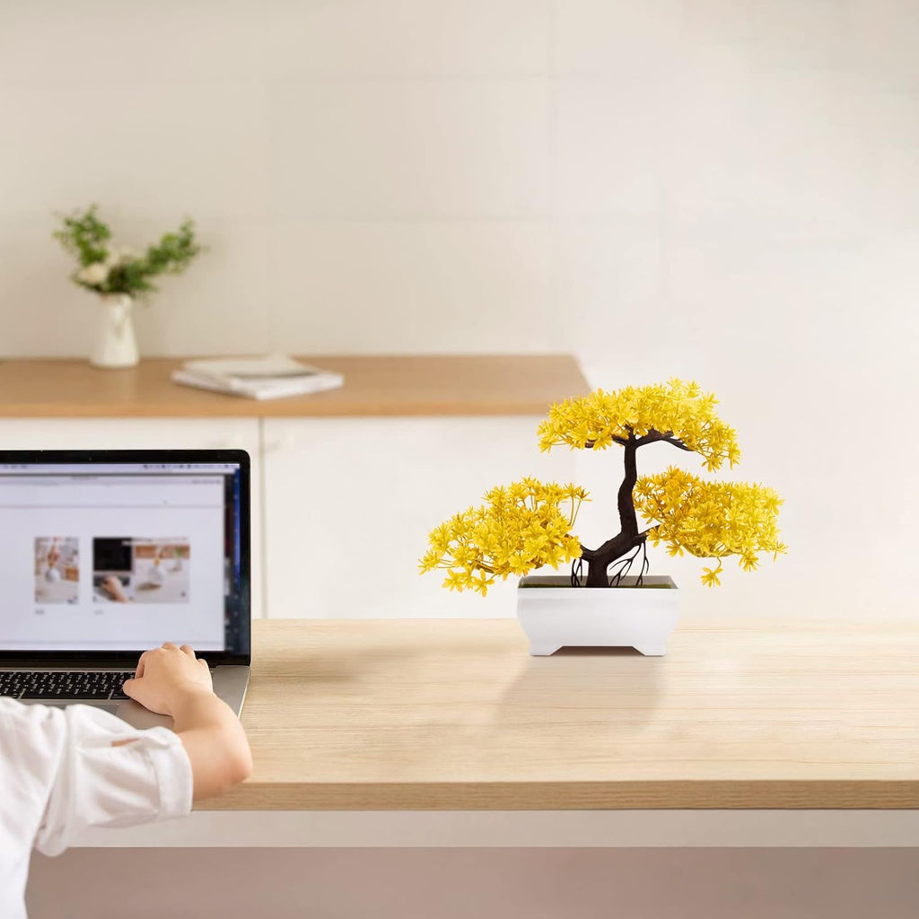 Mini Artificial Bonsai Tree Plants with Plastic Cement Pots for Home Office Décor(Yellow)