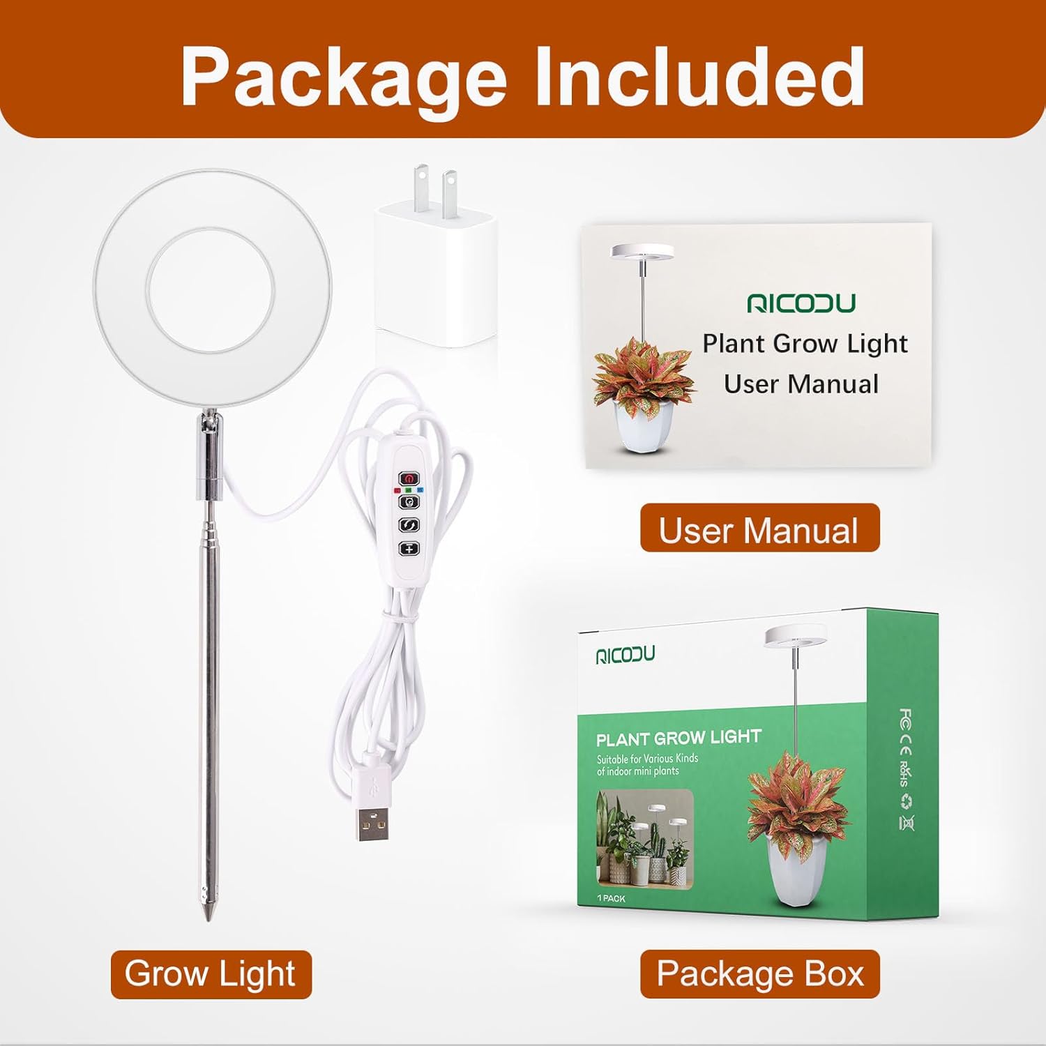 Grow Lights for Indoor Plants Small Potted - Full Spectrum, Auto 3/9/12H Timer, 10-Level Dimming & Adjustable Height - Compact Grow Light for Succulents, Herbs, Foliage in Home/Office (White,1PACK)
