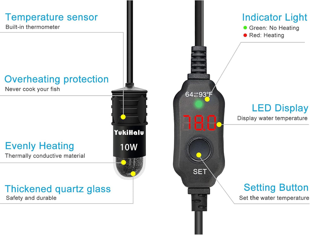 YukiHalu USB Powered Aquarium Heater, 10W Adjustable Mini Fish Tank Heater with External Temperature Controller, LED Display, Used for 0.5-1 Gallon Tank (10W USB Adapter)