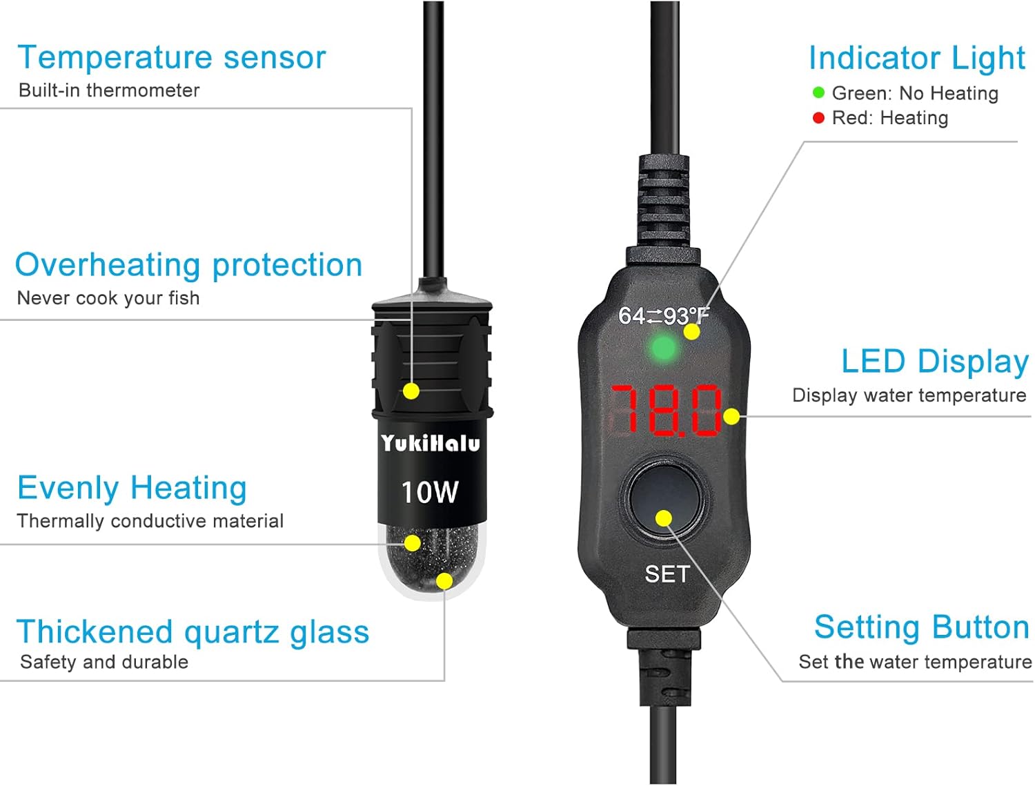 YukiHalu USB Powered Aquarium Heater, 10W Adjustable Mini Fish Tank Heater with External Temperature Controller, LED Display, Used for 0.5-1 Gallon Tank (10W USB Adapter)