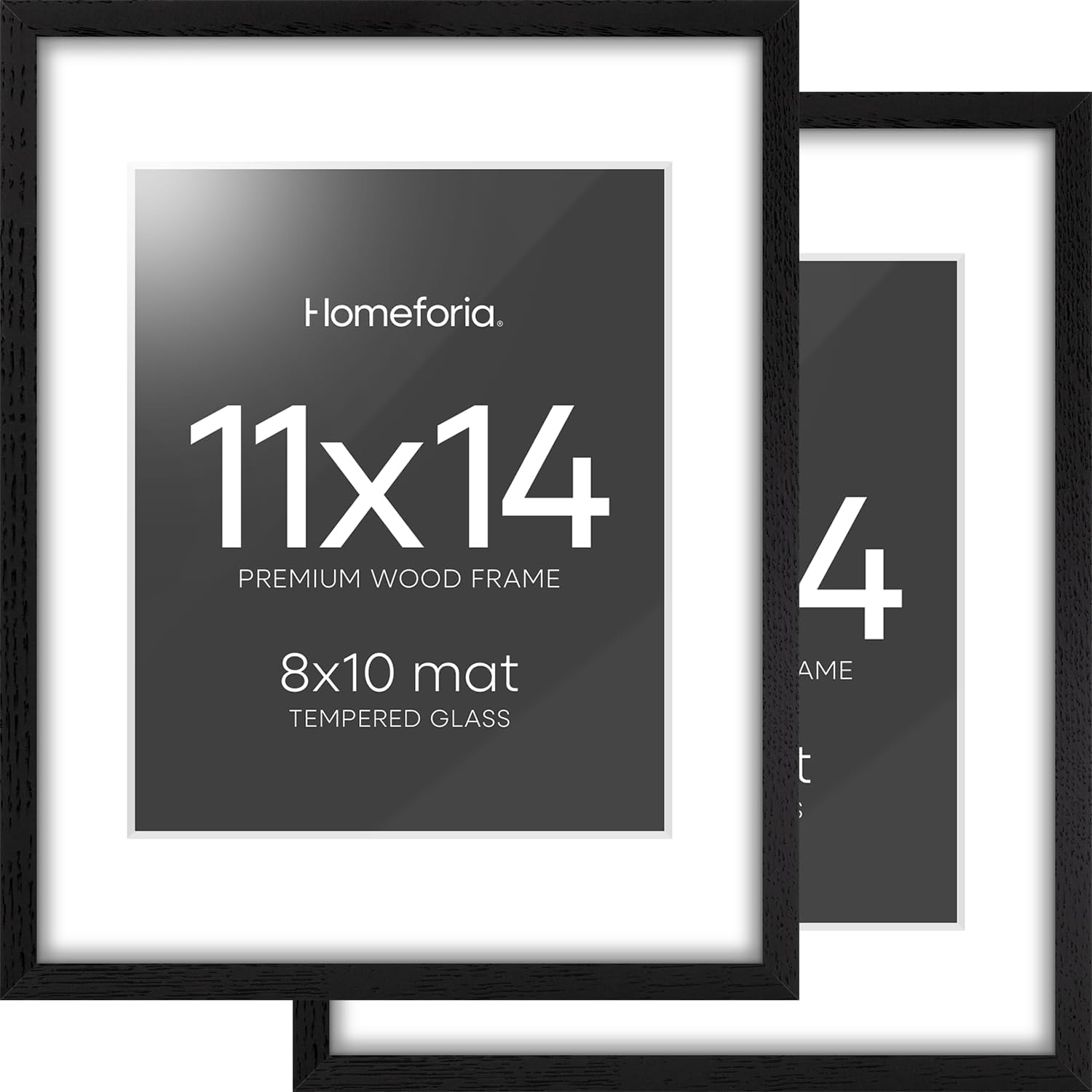 Homeforia 11x14 Picture Frame Black Wood, High End Oak 11x14 Poster Frames with Mat 8x10, 11 x 14 Wooden Frame Matted to 8 x 10 inch Photo, 14x11 Thin Hanging Frame, Tempered Glass, Wall Kit, Set of 2