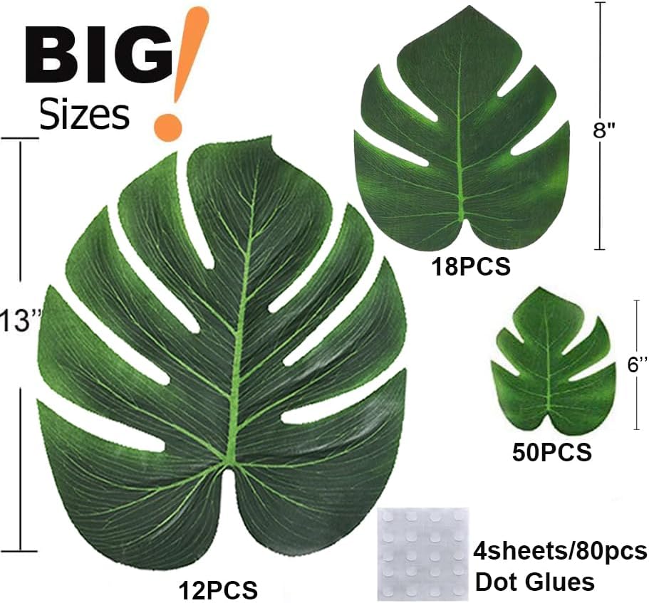 80PCS Artificial Tropical Palm Leaves Plant Imitation Leaf Fake Monstera Leaves Hawaiian Luau Jungle Safari Birthday WeddingTheme Party Table Wall Decorations,Bonus 4 Sheets/80pcs Dot Glues