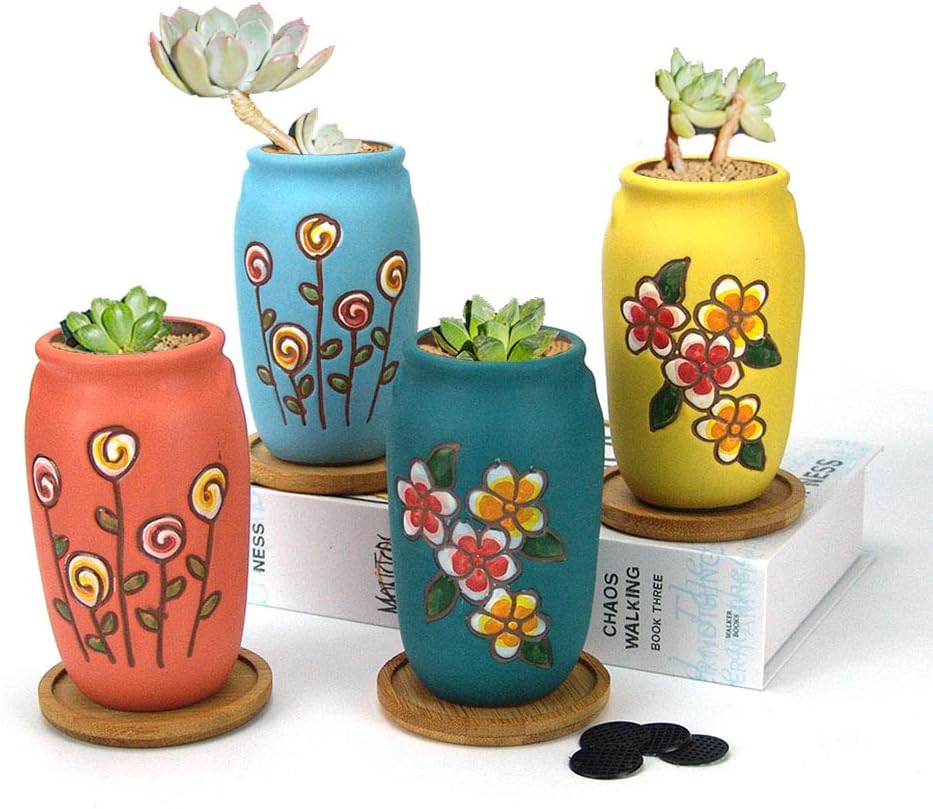 2.5 Inch Hand Painted Round Succulent Cactus Planter Pot Clay Pot Ceramic Plant Pot with Drainage Hole and Saucer Set of 4 (Green Yellow Orange Blue)