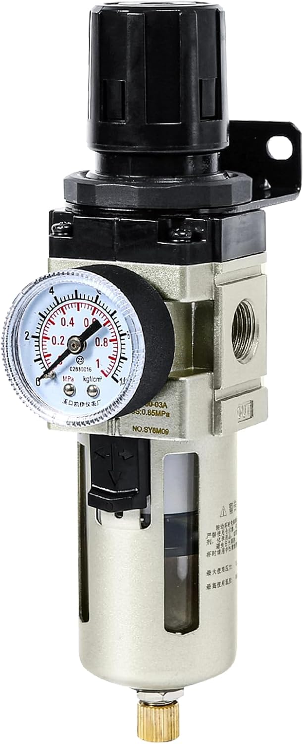 SNS Compressed Air Filter Regulator Piggyback Combo 3/8''NPT- Poly Bowl with Metal Guard, Semi-auto Drain, Bracket, Gauge AW3000-N03A