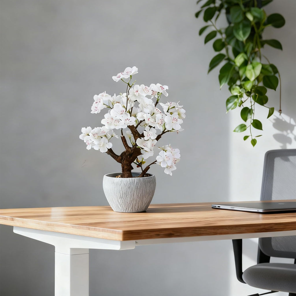 TOARTi Artificial White Cherry Blossom Potted Plant with Stone Pot, 12.6" Fake Flowers Potted Faux Plant Desk Decor, Realistic Decorative Plants Indoor Decor for for Home Bedroom Bathroom Office Desk