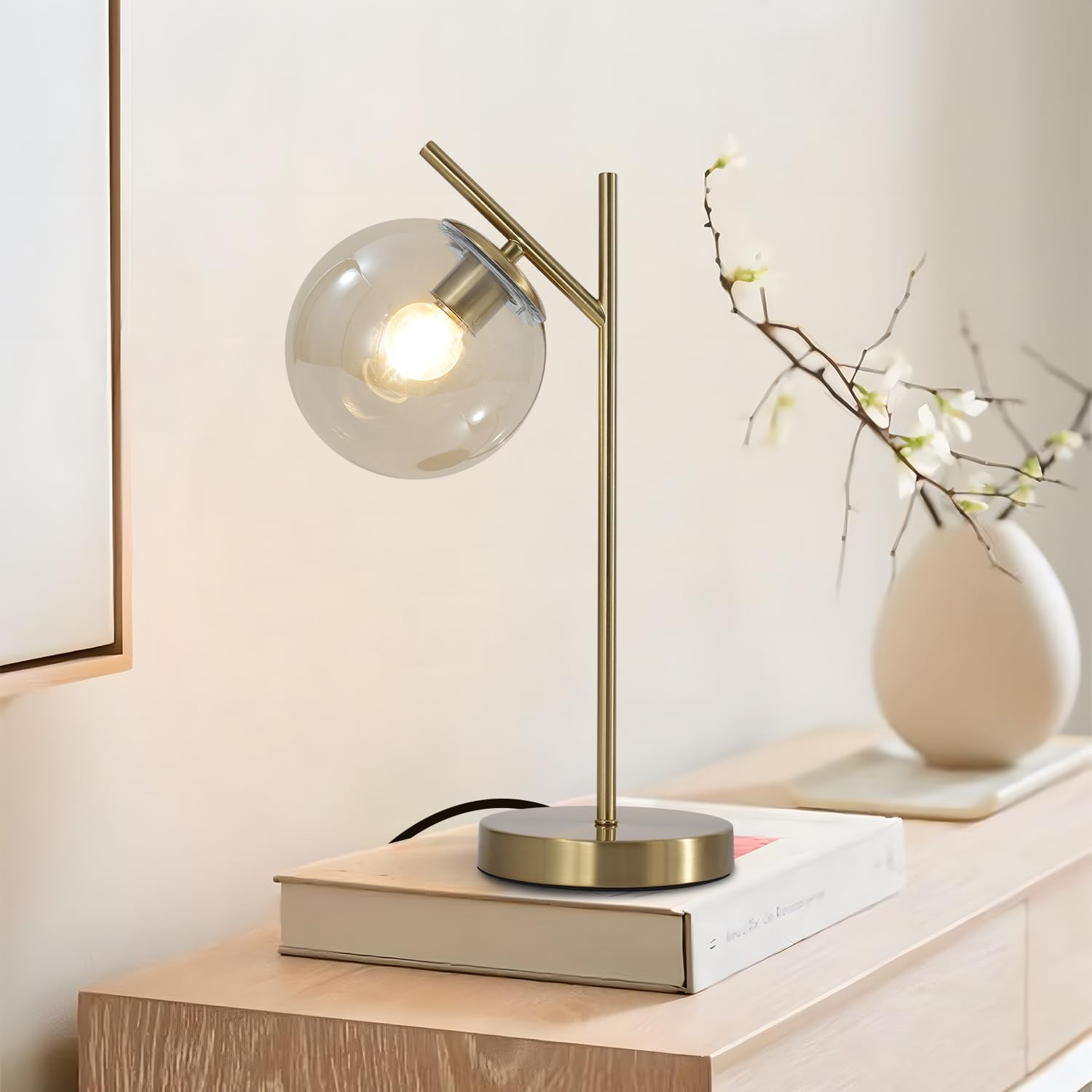 Mid Century Modern Table Lamp, Gold Globe Nightstand Lamp with Cognacs Glass Shade, Metal Brass Desk Lamp for Bedroom Living Room Study Room