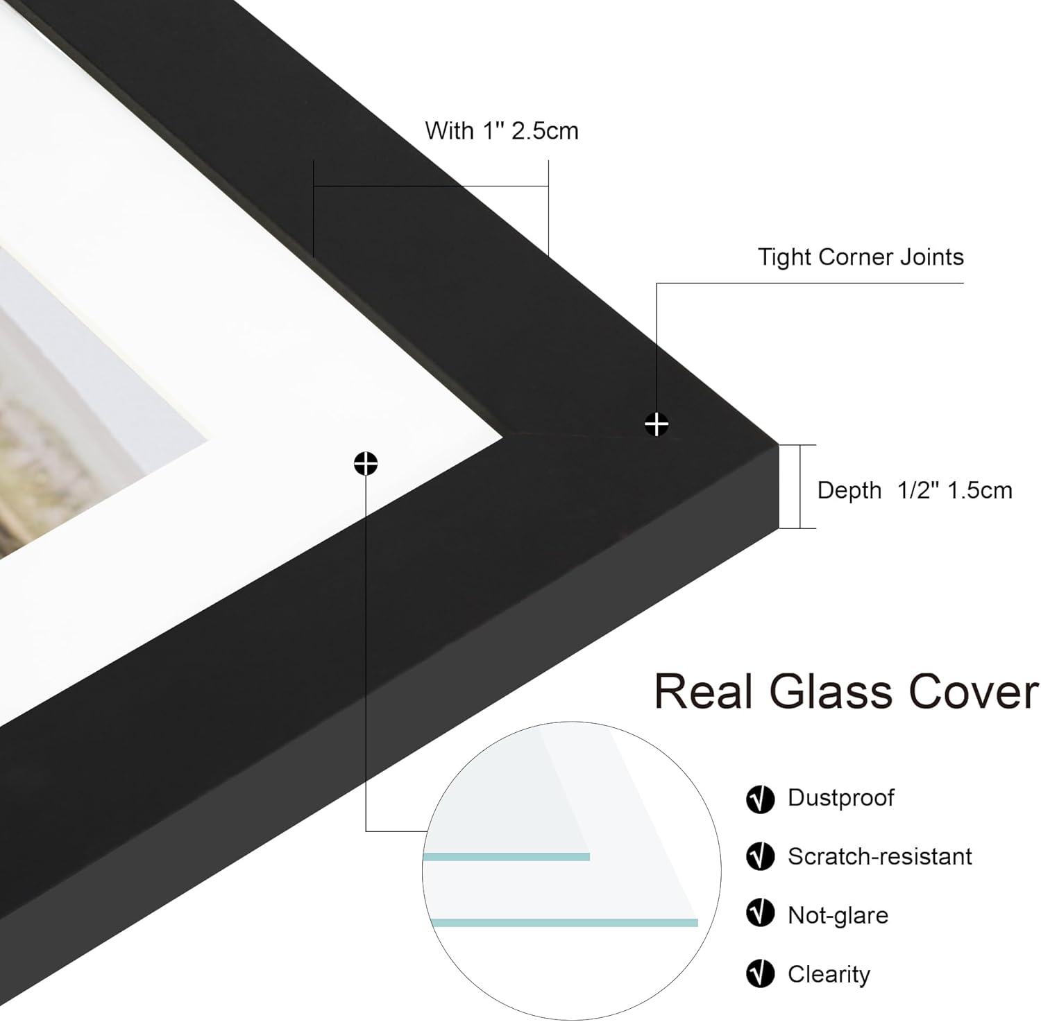 8x8 Picture Frames Set of 4, Made of Real Glass and Black Wooden Frame - Display Picture 6x6 with Mat or 8 x 8 Without Mat, 8 by 8 Photo for Wall or Tabletop