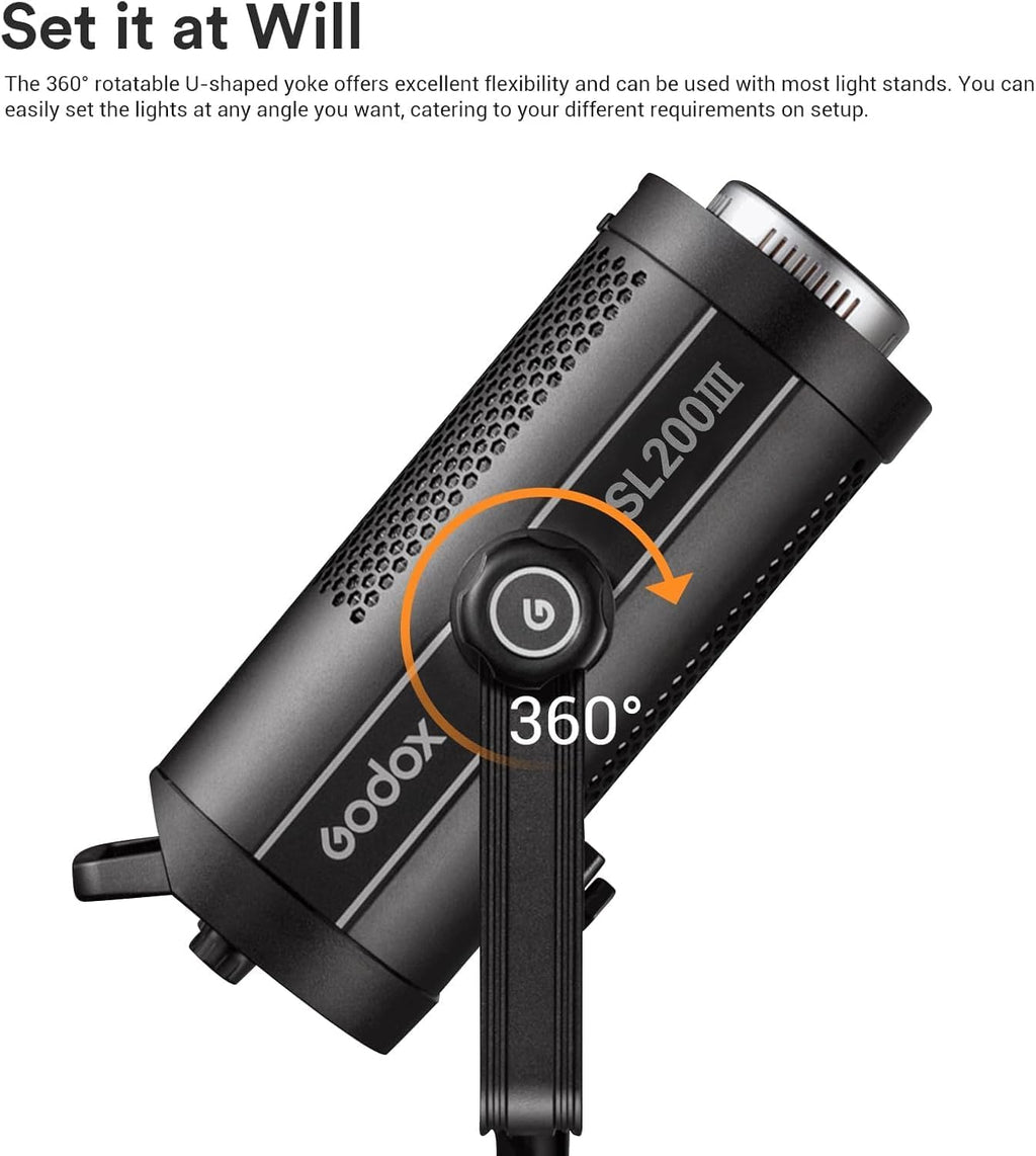 Godox SL200III Daylight LED Video Light, 200W 95600Lux @1M CRI 96+TLCI 97+ Bowens Mount LED Continuous Light, Professional Studio Light with 8 FX Effects&Silent Mode