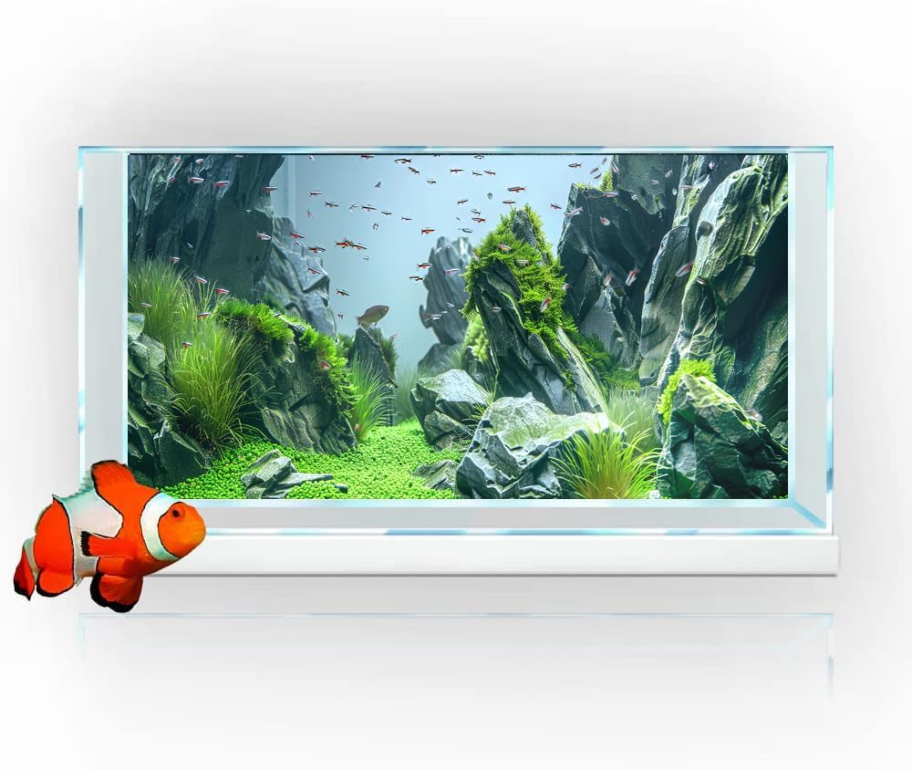 Marine Aquarium Background, Sea Rock Green Landscape Fish Tank Background, Nature Photo Terrarium Background 72X16IN with 8 EVA Double-Sided Tape