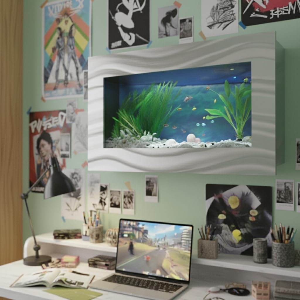 Aussie Aquariums 3.0 Wall Mounted Fish Tank Kit with LED Lighting, Built-in Filter System, Modern Space-Saving Design, Complete Accessories Set (Skyline, Silver)