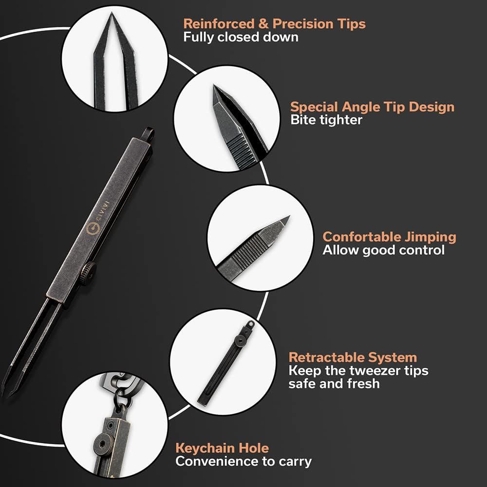 CIVIVI Precision Tweezers for Splinters, Retractable Keychain Tweezers for Men Women EDC Carry, Tac-N-Tweeze Tweezers with Leather Sheath Designed By Bob Terzuola C19062B-A