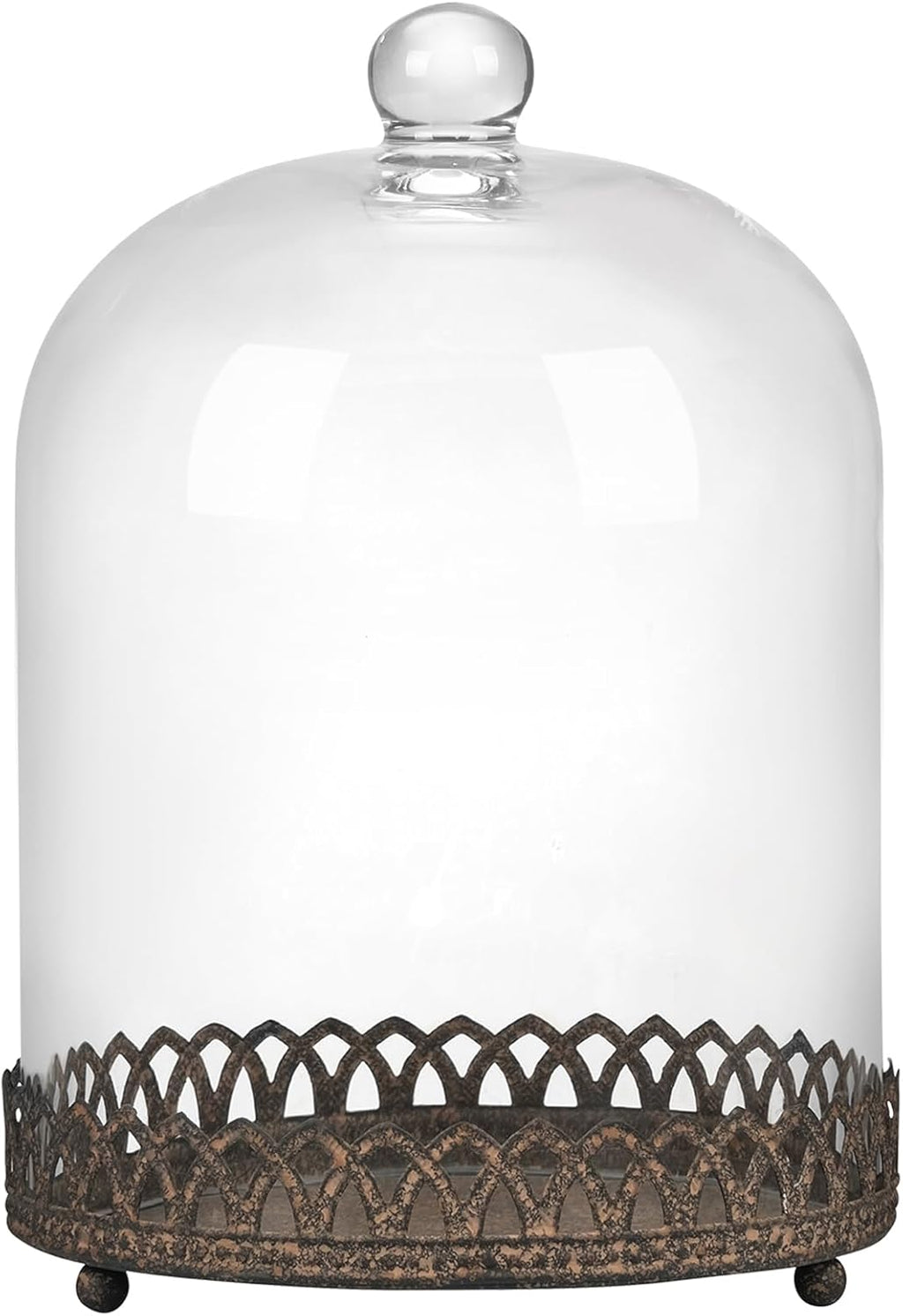 Twakutwku 14" Tall Large Sturdy Handmade Glass Cloche Dome with Metal Base in Rustic Brown for Plant, Terrarium, Collectibles, Candle. Cloche Glass Dome, Bell Jar Display Case (Brown, 14")