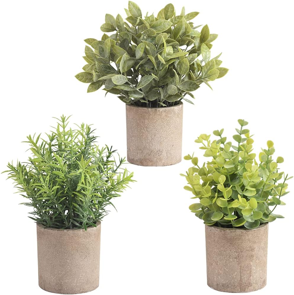 homEdge Artificial Mini Potted Eucalyptus, 3 Packs Artificial Plastic Plant Greenery with Pot for Home, Office Desk Decoration