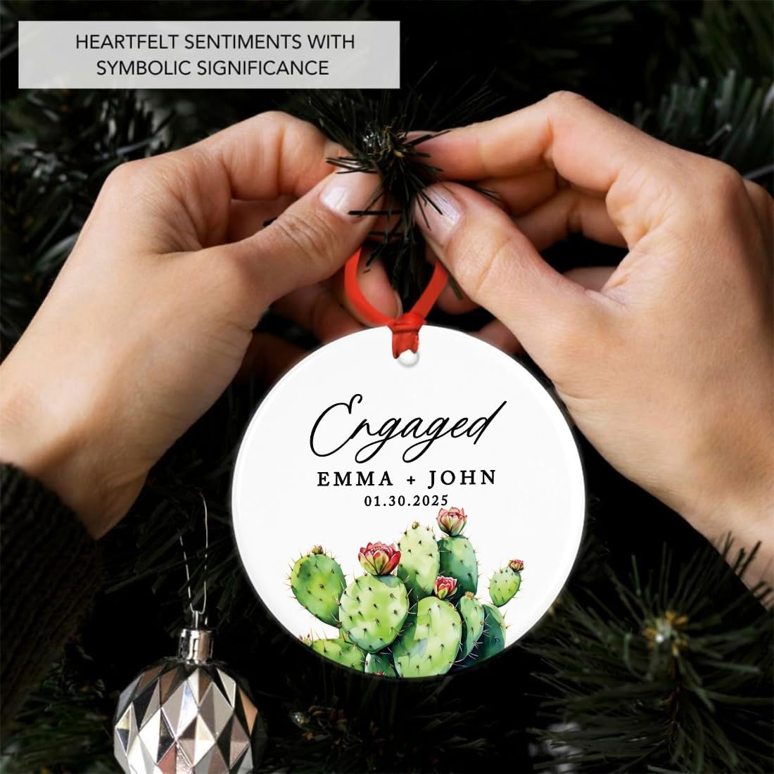 Andaz Press 2.8" Ceramic Porcelain Personalized Christmas Cactus Ornament, Engaged Cactus Design, Custom Cactus Christmas Ornaments, Succulent Ornament Cactus Decor, Engagement Gift for Couples