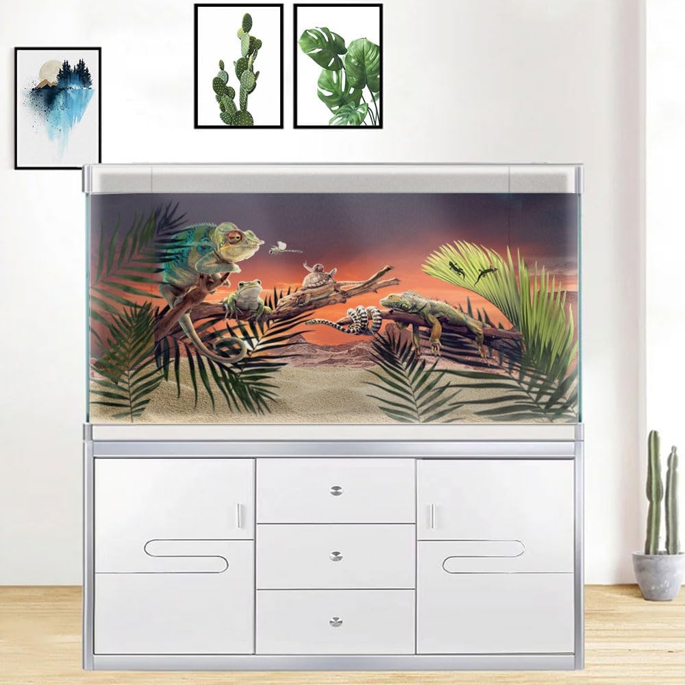 60X24IN Sun and Desert Moon Themed Reptile Habitat on Orange Durable Decorative Background, Terrarium Background with 10EVA Double-Sided Tape