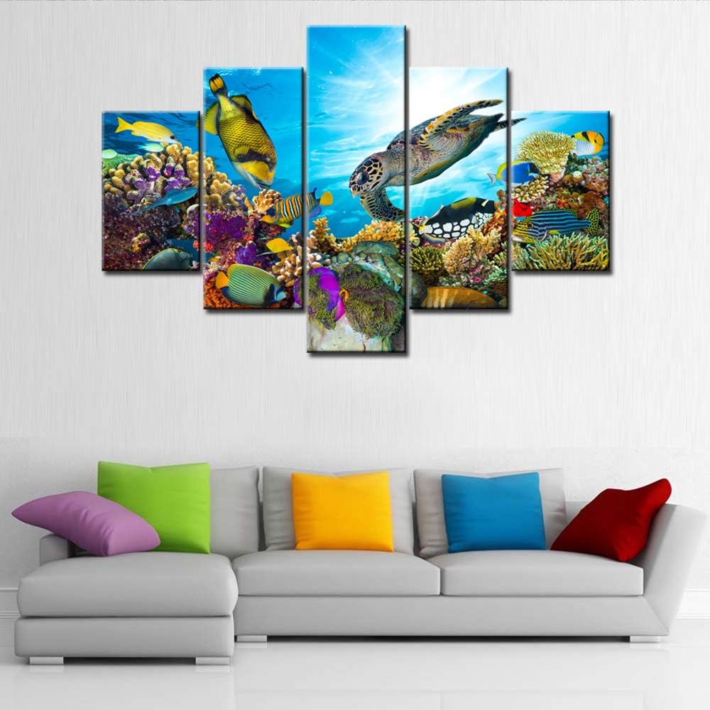 Undersea Canvas Art Wall Coral and Many Fishes Pictures Sealife Painting 5 Panel Colorful Wall Art House Decor Sea Turtle Artwork Framed Ready to Hang in Living Room Poster and Prints(60''Wx 40''H)
