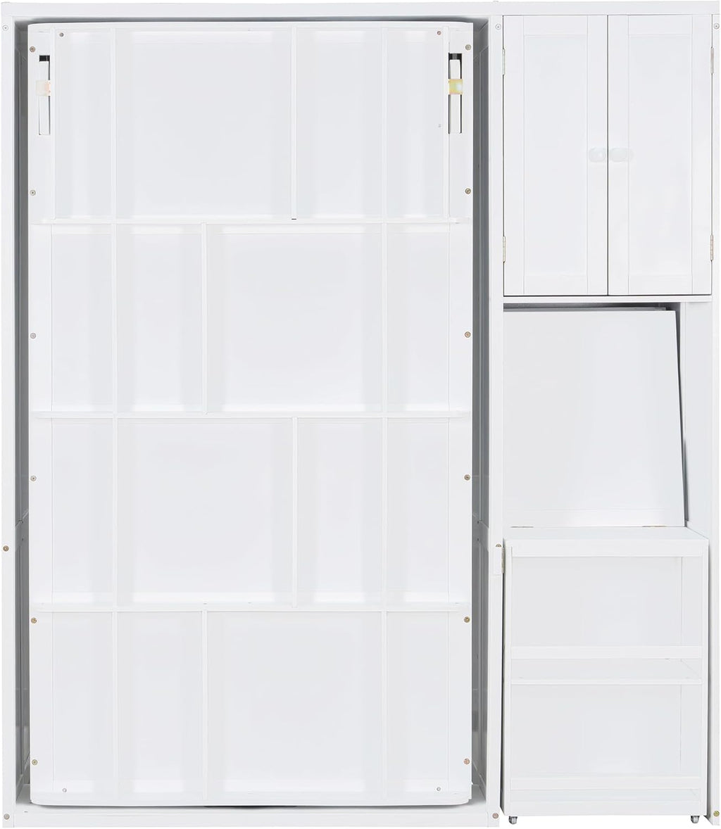 MERITLINE Twin Murphy Bed with Storage Bookcase Bookshelf, Extendable Desk and Cabinet, Wood Rotatable Hidden Murphy Bed with Desk and Shelves,for Adults (White)