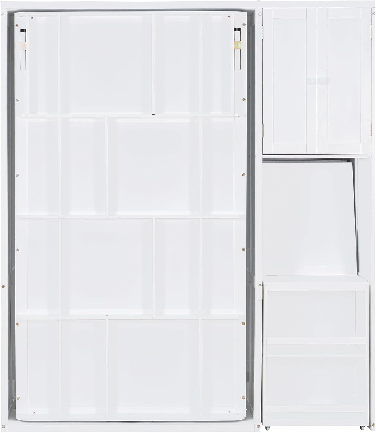 MERITLINE Twin Murphy Bed with Storage Bookcase Bookshelf, Extendable Desk and Cabinet, Wood Rotatable Hidden Murphy Bed with Desk and Shelves,for Adults (White)