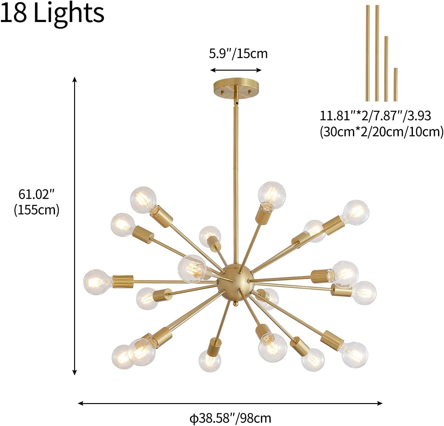 Mid-Century Sputnik Chandeliers 18-Lights, Modern Semi Flush Mount Ceiling Light Fixture Industrial Retro Hanging Lamps for Kitchen Living Room Dining Bedroom Corridor, Gold（Bulb Not Included）