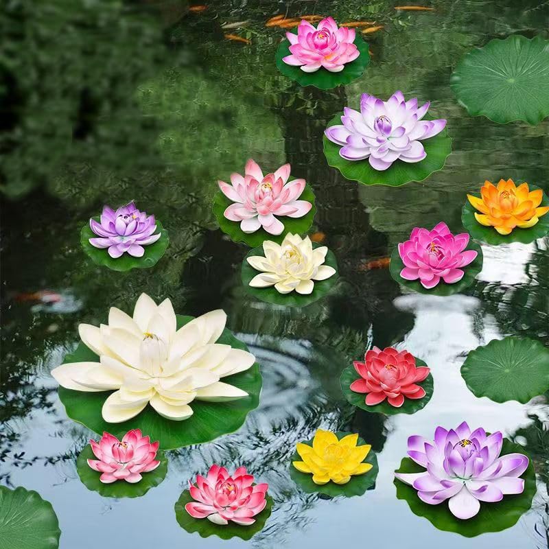 6Pcs Artificial Floating Foam Lotus Flower with 12Pcs Lotus Leaves for Indian Return Gifts Home Garden Pool Pond Fishbowl Aquarium Indian Diwali Decorations